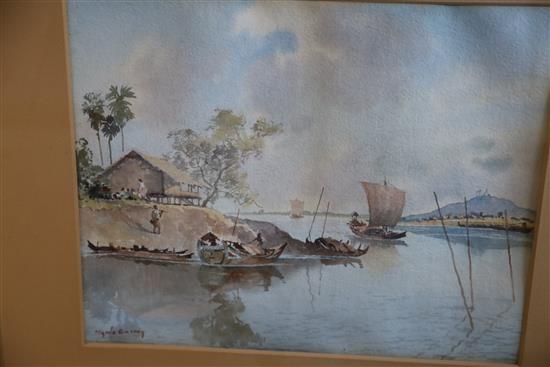 U Ngwe Gaing (Burmese 1901-1967) Riverside village 12 x 15in.